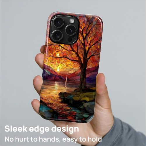 Magnetic Phone Case for iPhone 15 Pro Max,Compatible with MagSafe,Durable 2 Layers Full Covered Shockproof Protective Cover-Stained Glass Sunrise Fall Leaves - color: Stained Glass Sunrise Fall Leaves, size: iPhone 15 Pro Max