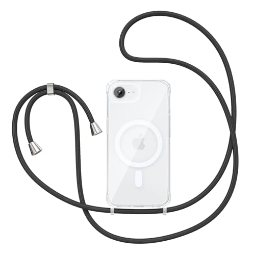 Magnetic Case for iPhone 16E/iPhone 17E 6.1" Clear Crossbody Case with Adjustable Shoulder Neck Lanyard Strap,Compatible with Magsafe,Soft Slim Bumper Shockproof Protective Phone Cover-Black - color: Black, size: iPhone 16E/iPhone 17E