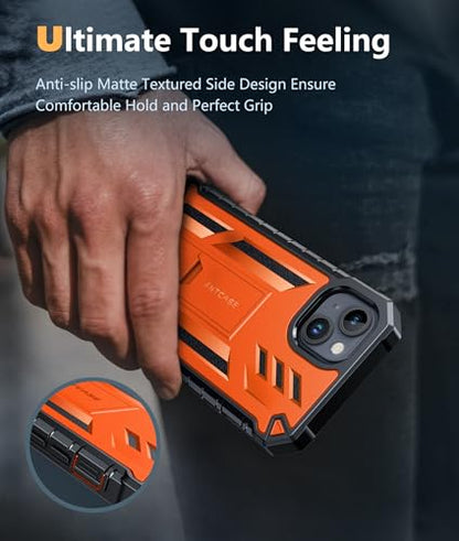 FNTCASE for iPhone 15 Plus Case, Built-in Screen Protector, Kickstand | Military-Grade Drop Protection, Anti-Slip Matte Textured, Rugged Heavy Duty Shockproof TPU Protective Cover - color: Orange
