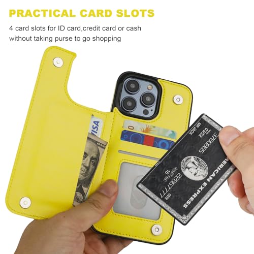 ONETOP Compatible with iPhone 15 Pro Max Wallet Case with Card Holder, PU Leather Kickstand Card Slots Case, Double Magnetic Clasp and Durable Shockproof Cover 6.7 Inch (Yellow) | Kickstand,ID/Cash Holder,Case Wallet with Card Slots,Double Magnetic Clasp,