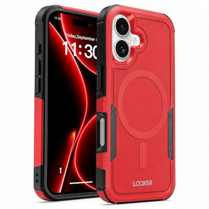 LOOXER® Heavy Duty Rugged Magnetic Case for iPhone 17 (6.3”) | Military Grade Shockproof Protection,MagSafe Compatible+ Tempered Glass Included (Red, 17) - color: Red, size: 17