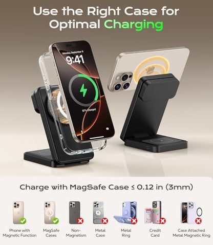 Meifigno 3 in 1 Foldable Wireless Charger for Apple Multiple Devices, Black - color: Black