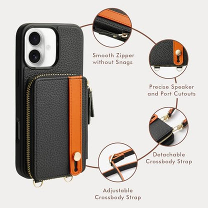 LAMEEKU for iPhone 17 Wallet Case with Strap, Crossbody Zipper Leather Case with Phone Grip 6.3 inch Black - color: Black, size: iPhone 17 6.3''