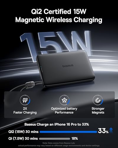 Baseus Picogo Qi2 15W Magsafe Portable Charger, 0.5" Ultra Slim 10000mAh Wireless Power Bank with 27W Built-in USB-C Cable, Magnetic Battery Pack for iPhone 17 Pro Max/17 Pro/Air/16/15/14/13/12 | 10000mAh Wireless Power Bank, 27W Fast Charging Magnetic Ba