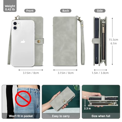 TwoHead for iPhone 11 Wallet case with 11 Card Holder (Gray) | Detachable Magnetic Phone Case, PU Leather Wallet for Women/Men,Wireless Charging Compatible,with Wrist Strap - color: Gray