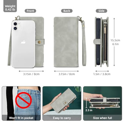 TwoHead for iPhone 11 Wallet case with 11 Card Holder (Gray) | Detachable Magnetic Phone Case, PU Leather Wallet for Women/Men,Wireless Charging Compatible,with Wrist Strap - color: Gray