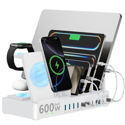 600w Charging Station for Multiple Devices, 15 in 1 Wireless Charging Station for Apple, Dual 100w USB C Tablet Charging Station for MacBook,iPhone,iPad,Tablet (White)