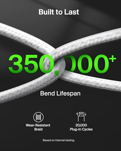 Belkin 2 in 1 USB C to C 140W Braided Cable, 5ft, Dual Charging Cord - color: White