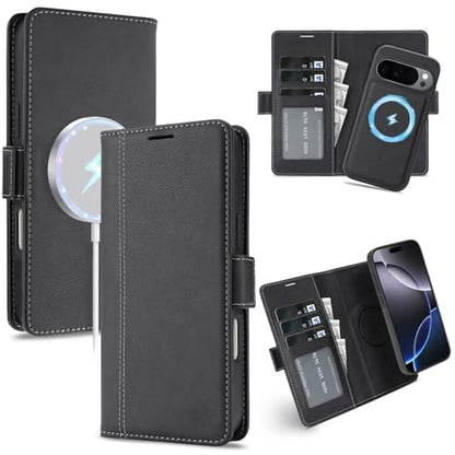 for Google Pixel 10 Pro XL Wallet Case Compatible with Magsafe, 2 in 1 Leather Flip 3 Card Holder Magnetic Detachable Cover Q1 (Black, Google Pixel 10 Pro XL) - color: Black, size: Google Pixel 10 Pro XL