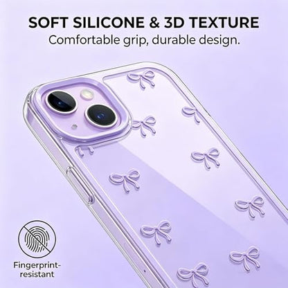 Compatible with iPhone 14 Case, Clear Purple Cute Ribbon Bowknot Pattern, Transparent Phone Case Raised Camera Protection Stylish Slim Soft TPU Protective Cover for Women - color: A3-Purple, size: iPhone 14
