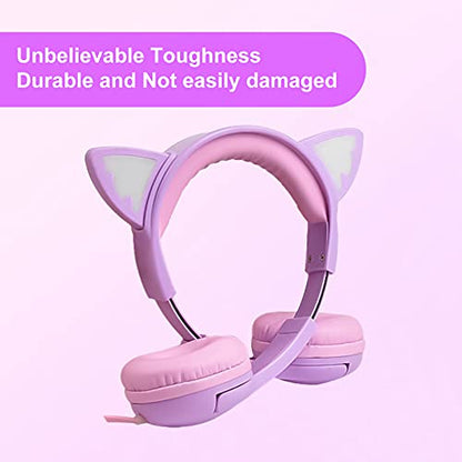 Olyre Kids Wired Headphones LED Light-Up Cat Ears Headset, Dual Audio Jack - color: Purple
