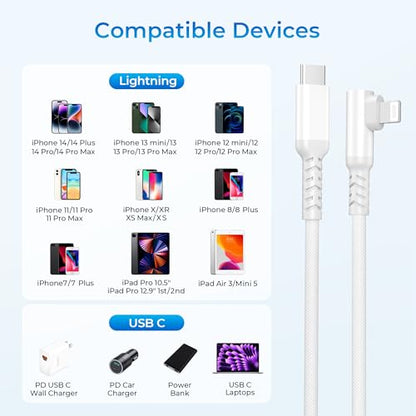 Elebase Right Angle USBC to Lightning Charger Cable with USB Adapter 3.3FT - color: Angled-White, size: 3.3 FT