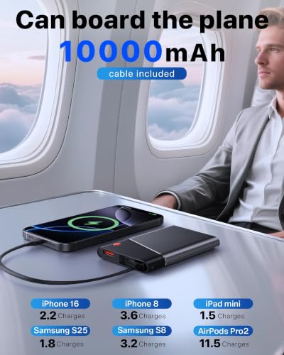 Aaoyun 10000mAh Portable Power Bank, 22.5W PD Fast Charging Battery Pack with Built-in USB-C Cable, Ultra-Slim External Phone Charger for iPhone 17/16/15, Samsung Galaxy S24, Android (Grey) - color: Grey
