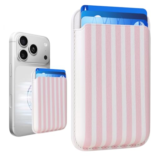Magnetic Wallet Cell Phone Card Holder for Phone Case with Mag-Safe | Stronger Magnetic RFID Leather Phone Wallet Stick on Series of iPhone 17/16/15/14/13/12 and Pro/Promax, Blush Stripe - color: Blush Stripe, size: 1 Pack
