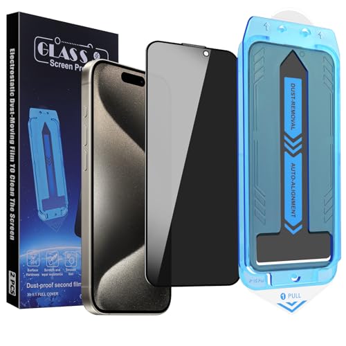 2-Pack Privacy Screen Protector for iPhone 15 Pro Max 6.7-inch, 9H Tempered Glass, Full Coverage, Anti-Fingerprint, Auto Dust-Elimination, No Bubble, Easy Installation - size: for iPhone 15 Pro Max