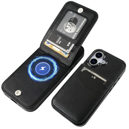 KIHUWEY for iPhone 17 Wallet Case Card Holder for MagSafe, Black | Wireless Charging, RFID, Flip PU Leather, Magnetic Clasp, Hands-Free Viewing Kickstand, Heavy Duty Protective Cover - color: Magsafe for Black