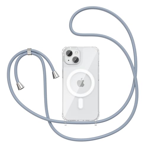 Magnetic Case for iPhone 15 6.1" Clear Crossbody Case with Adjustable Shoulder Neck Lanyard Strap,Compatible with Magsafe,Soft Slim Bumper Shockproof Protective Phone Cover-Blue - color: Blue, size: iPhone 15