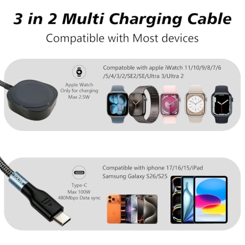 100W Multi Charging Cable for Apple iWatch/iPhone 17/USB C, 6.6FT - size: AC to C+iWatch(6.6FT)