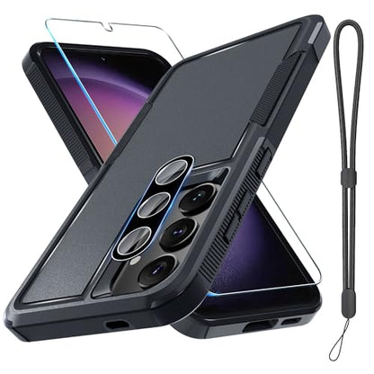 for Samsung Galaxy S24 FE Case, Full Body Heavy Duty Cover, Black Matte | Rugged Shockproof Protective Case,with Tempered Glass Screen Protector + Camera Lens Cover + Wrist Lanyard Strap - color: Black Matte