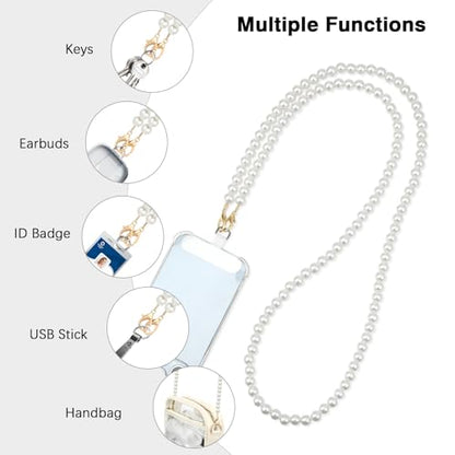 MoKo Pearl Beaded Phone Chain Lanyard Crossbody Strap with Patches - color: White-pearl