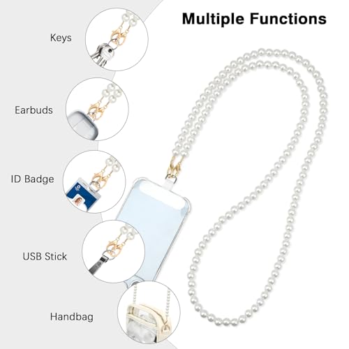 MoKo Pearl Beaded Phone Chain Lanyard Crossbody Strap with Patches - color: White-pearl