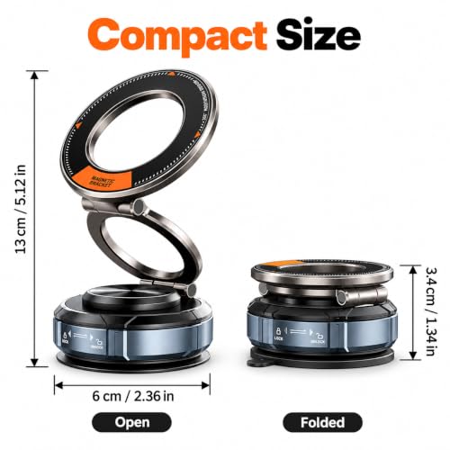 Vacuum Magnetic Car Phone Mount, Zinc Alloy Folding Suction Cup Holder with Sticky Gel Base for Dashboard & Windshield, Compatible with MagSafe iPhone, Samsung and Android Phones