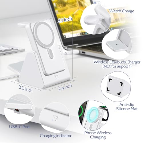 Smtcsl 3-in-1 Wireless Charging Station: Portable 5000mAh Power Bank Charger Compatible for Phone Air/17/16/15/14/13/12 Series and Watch - Detachable Magnetic Charging Stand White