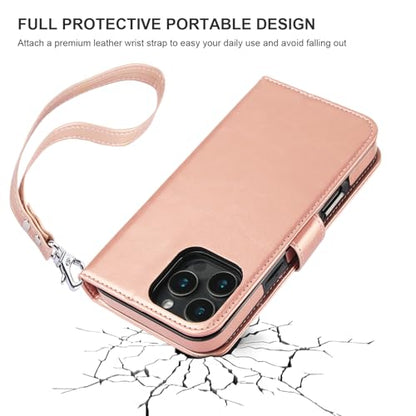 Bocasal Detachable Wallet Case Card Holder for iPhone 16 Pro Max Rose Gold | RFID Blocking Kickstand Card Slots Holder PU Leather Magnetic Shockproof Wrist Strap Removable Flip Protective Cover 6.9 inch - color: Rose Gold