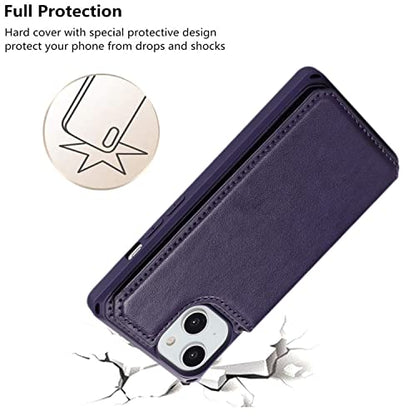 iCoverCase Compatible with iPhone 14 Wallet Phone Case with Card Holder for Women, RFID Blocking Embossed PU Leather Wrist Strap Case 6.1 Inch (Macaron Dark Purple) - color: P-Dark Purple