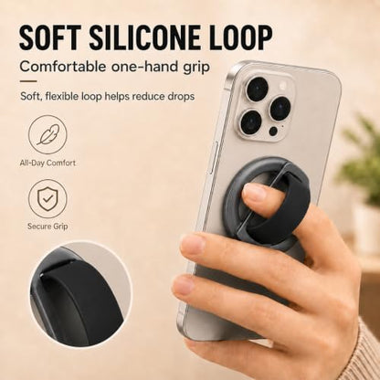 Magnetic Silicone Phone Grip | Super Strong Magnetic Design, 360° Rotation, Comfortable Grip, Compatible with iPhone 16/15/14/13/12 Series, Perfect for Selfies and Watching Videos - color: Deep Black