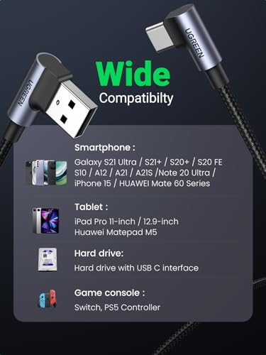 UGREEN USB A to USB C Cable 90-Degree Fast Charging Cable, 3.3ft - size: 3.3 ft