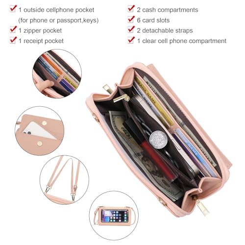 GOIACII Phone Purse Crossbody Bags for Women Small Travel Wallet Touch Screen RFID Blocking - color: C02 Light-pink