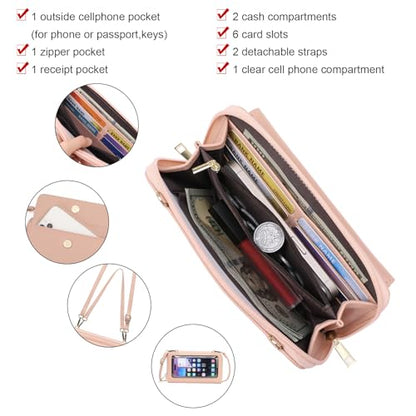 GOIACII Phone Purse Crossbody Bags for Women Small Travel Wallet Touch Screen RFID Blocking - color: C02 Light-pink