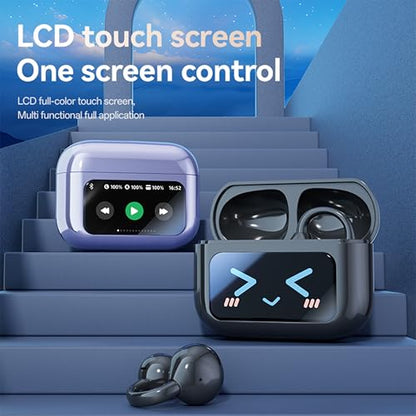 Open Ear Clip Headphones Wireless Earbuds Bluetooth 5.4 Sports Earphones with Wireless LED Touch Screen Waterproof in Ear Earphones for Pad Tablet Laptop Android/iOS Phones (Black) - color: Black