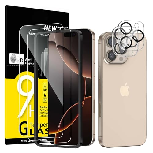 NEW'C 2 Pack for iPhone 16 Pro Max Screen Protector (6.9 inches) + 2 Pack Camera Lens Protector, Sensor Protection, Case Friendly Tempered Glass Film - Easy installation tool included - size: 16 Pro Max 6.9 inches