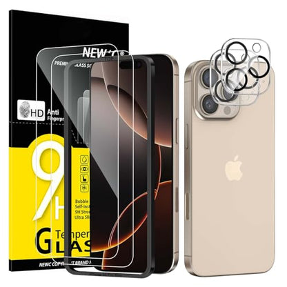 NEW'C 2 Pack for iPhone 16 Pro Max Screen Protector (6.9 inches) + 2 Pack Camera Lens Protector, Sensor Protection, Case Friendly Tempered Glass Film - Easy installation tool included - size: 16 Pro Max 6.9 inches