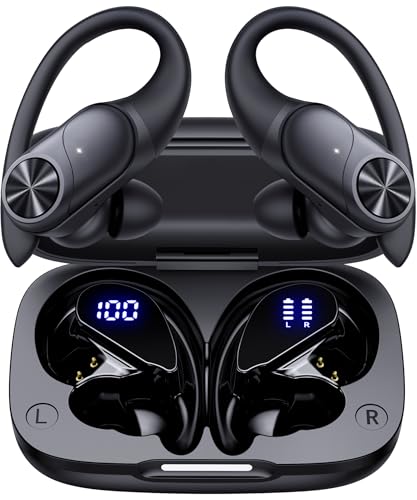 PocBuds Bluetooth Headphones Wireless Earbuds 80hrs Playtime Wireless Charging Case Digital Display Sports Ear Buds with Earhook Deep Bass IPX7 Waterproof Over-Ear Earphones for TV Phone Laptop Black - color: Black, style: AI Buds Pro
