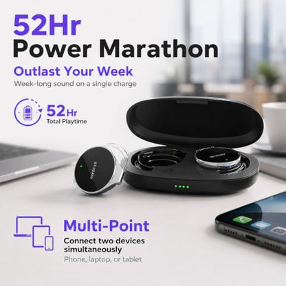 Micool On Ear Bluetooth Headphones, Open-Ear Headphones Wireless with 4-Mic ENC for Crystal Clear Calls, 52H Total Battery, Dual Device, Sport Clip On Headset for Running & Travel (Pure Black)