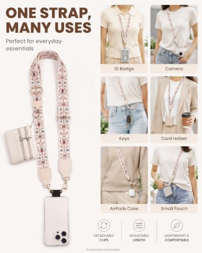 Phone Lanyard Card Holder, Adjustable White Strap Pattern Crossbody Neck