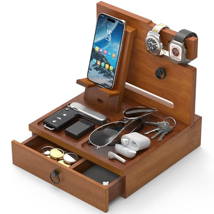 Wood Phone Docking Station, Nightstand Organizer with Drawer - color: Stylish Brown, size: Without charging station