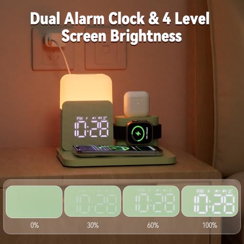 7 in 1 Wireless Charging Station, 25W Charger with Alarm Clock Night Light - color: Green