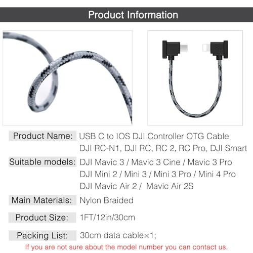 1FT USB C to iOS Remote Controller Cable for DJI Mini 4 Pro, Mavic 3, Mini 2/3 Pro, Air 2S, Mavic Air 2, DJI RC-N1/RC 2 Remote, Drone to Phone 14/13 / Tablet Cable 90 Degree OTG Data Cord Accessories - size: 1FT(12in), style: USB C to IOS