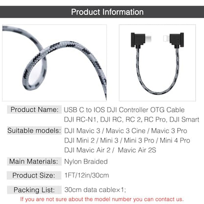 1FT USB C to iOS Remote Controller Cable for DJI Mini 4 Pro, Mavic 3, Mini 2/3 Pro, Air 2S, Mavic Air 2, DJI RC-N1/RC 2 Remote, Drone to Phone 14/13 / Tablet Cable 90 Degree OTG Data Cord Accessories - size: 1FT(12in), style: USB C to IOS