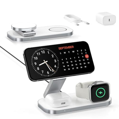 Keepro 3-in-1 Charging Station for Apple Device, Foldable Magnetic Wireless Fast Charger Stand Compatible with MagSafe for iPhone 18/17/16/15/14/13/12/Air/Duo Series, Apple Watch & AirPods-White - color: White