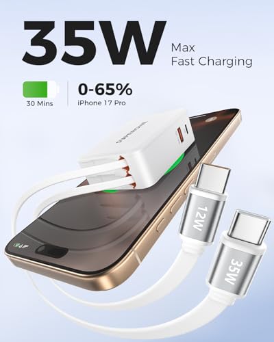 SUPERONE 4 in 1 Retractable Wall Charger Plug with Dual USB C Cables 3.3FT - color: White