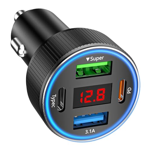 78W 4-Port USB C Car Charger Fast Charging Real-Time LED Voltmeter - color: Black