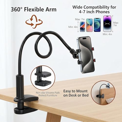Gooseneck Phone Holder, 27.5" Flexible Phone Holder for Bed Desk, 360° Rotation Cell Phones Stand with Clamp, Heavy Duty Bracket for Bedside Living Room/Black - color: Black