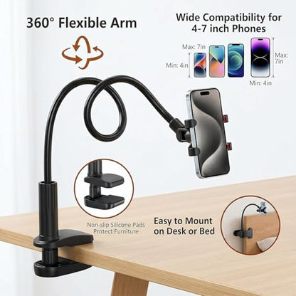 Gooseneck Phone Holder, 27.5" Flexible Phone Holder for Bed Desk, 360° Rotation Cell Phones Stand with Clamp, Heavy Duty Bracket for Bedside Living Room/Black - color: Black