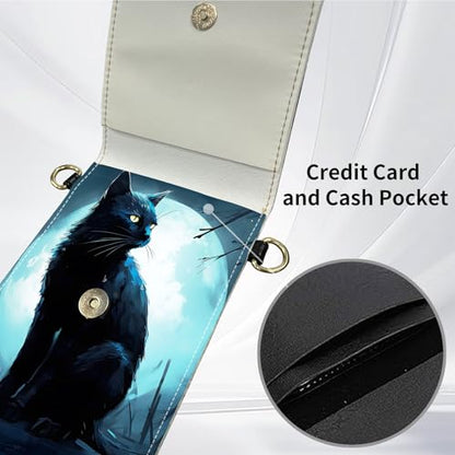 for Women Cell Phone Purse,with Touchscreen Cell Phone Purse,PU Leather Shoulder Bag Waterproof Phone Wallet Case with Clear Touch Screen Window up to 6.7 inch Smartphone, - color: Black Cat / Blue Sky -193