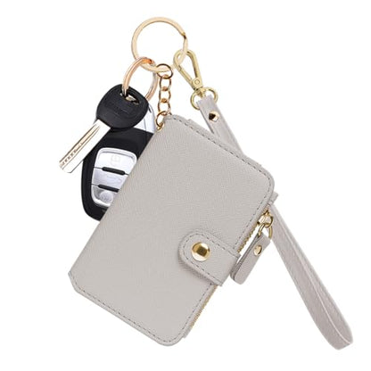 M-Plateau RFID Blocking Keychain Wallet With Leather Wrist Strap | Keychain Wristlet, Womens Card Holder with Zipper Coin Pocket and ID Window - color: Beige
